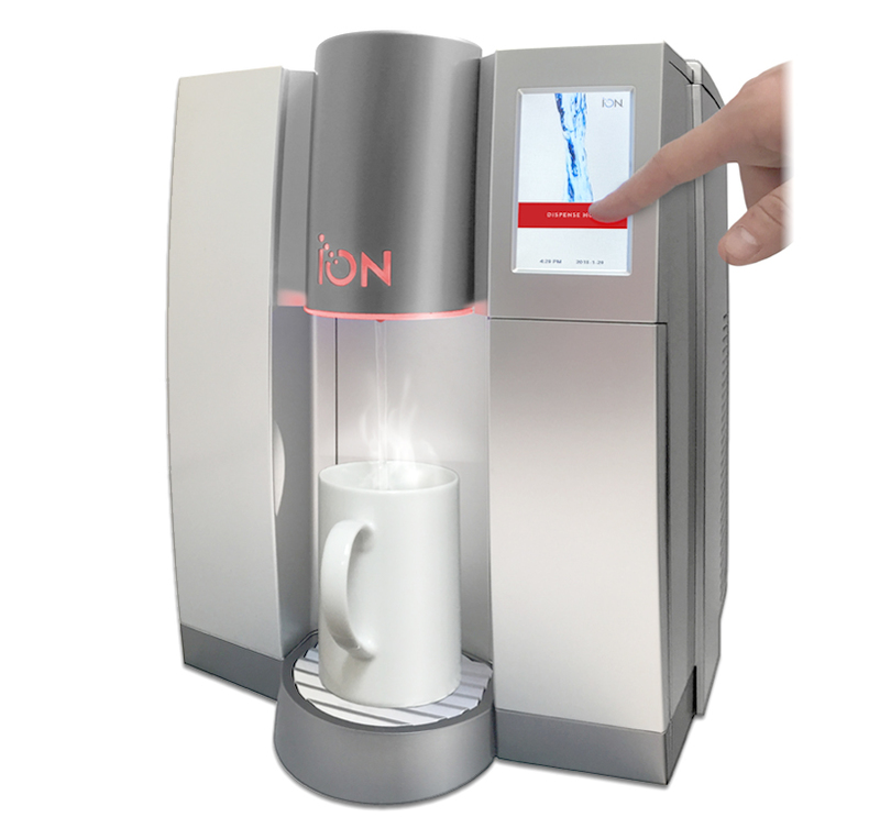 Three quarters front view of ION water cooler dispensing hot water