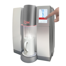 Three quarters front view of ION water cooler dispensing hot water