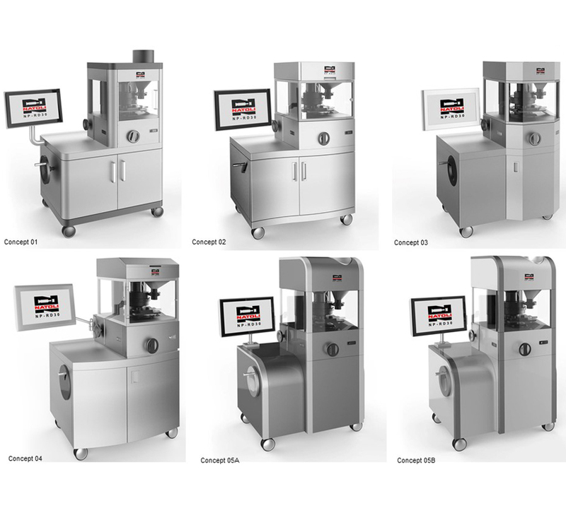 Collage showing the initial designs for the NP-RD30 Tablet Press