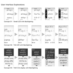User interface explorations for the Ascend wall timer screen with options for backlit LCD and E-ink