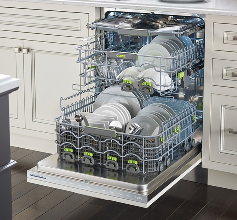 Perspective view of the Cove with the dishwasher loaded with clean items