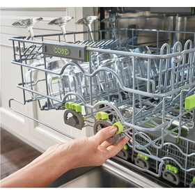 Close up view of how the tine adjustment works on the Cove Dishwasher