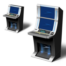 Three-quarters front views of Bluebird xD slot machines with and without the extra graphics panel