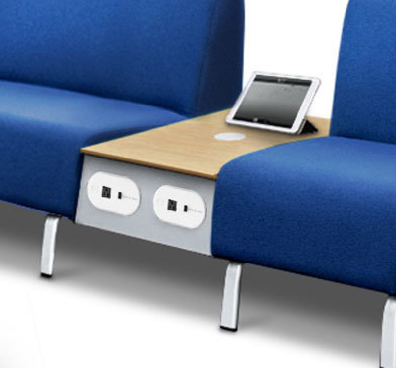 Modular power bridge between two chairs with an iPad on top