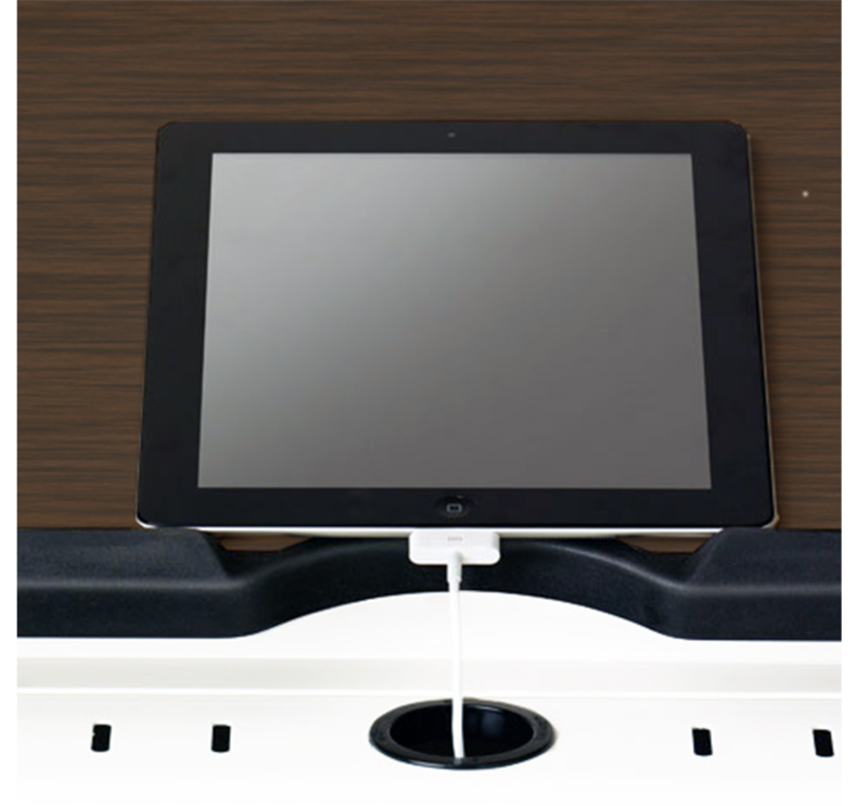 Detail view of the lectern top showing an iPad charging cable