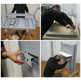 Collage of images showing how the flat panel lectern is assembled