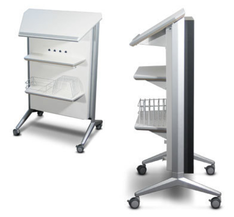 Side and back view of the flat panel lectern showing shelf and storage components