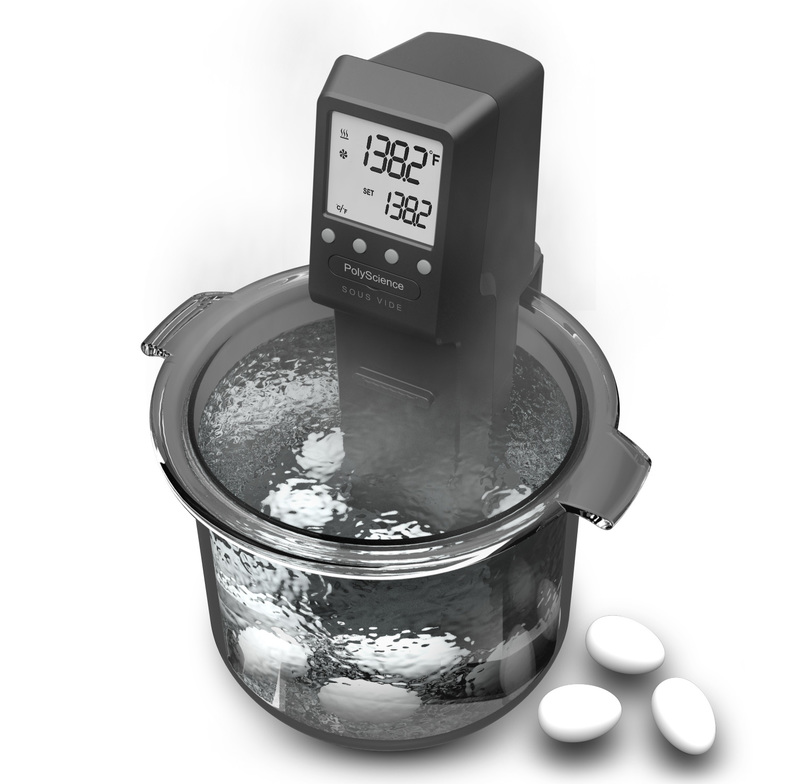 Three-quarters front view of the PolyScience: Sous Vide Professional cooking eggs