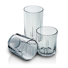 Front overhead view showing two juice glasses and a tumbler from the Clarus Collection