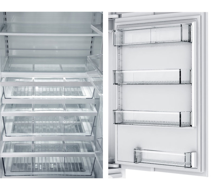 Front view of the inside of a refrigerator showing the internal and door shelves