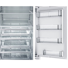 Front view of the inside of a refrigerator showing the internal and door shelves
