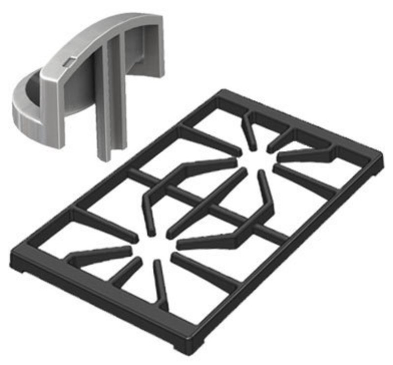 Overhead view of a cook top grating and section view of control knob