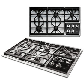 Top and perspective views of the 36 inch cook top showing grates and control knobs