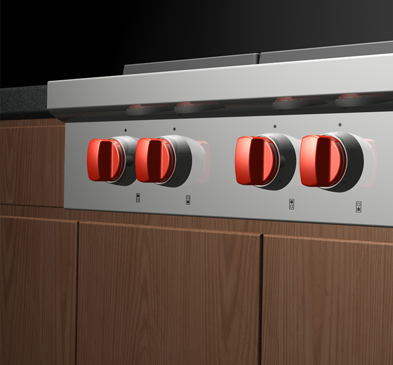Close up view of the control knobs for the sealed burner range