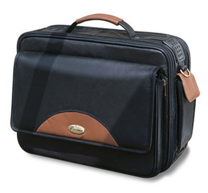 Three quarters front view of a large leather briefcase 
