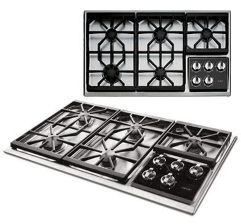 Top and perspective views of the 36 inch cook top showing grates and control knobs